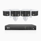 FDH600 - 6MP 8 Kanal PoE Panorama Überwachungskamera-Set mit 4 Kameras, zwei Objektiven, 180° Ultraweitwinkel, f/1.2 Superblende, BSI-Sensor, integriertes Mikrofon, aktive Sirene und Alarm, Personen-und Fahrzeugerkennung